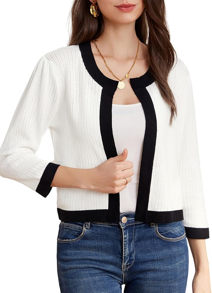 GRACE KARIN Lightweight Cropped Cardigans Sweaters Knitted Shrugs Casual Color Block Classy 3/4 S... | Amazon (US)