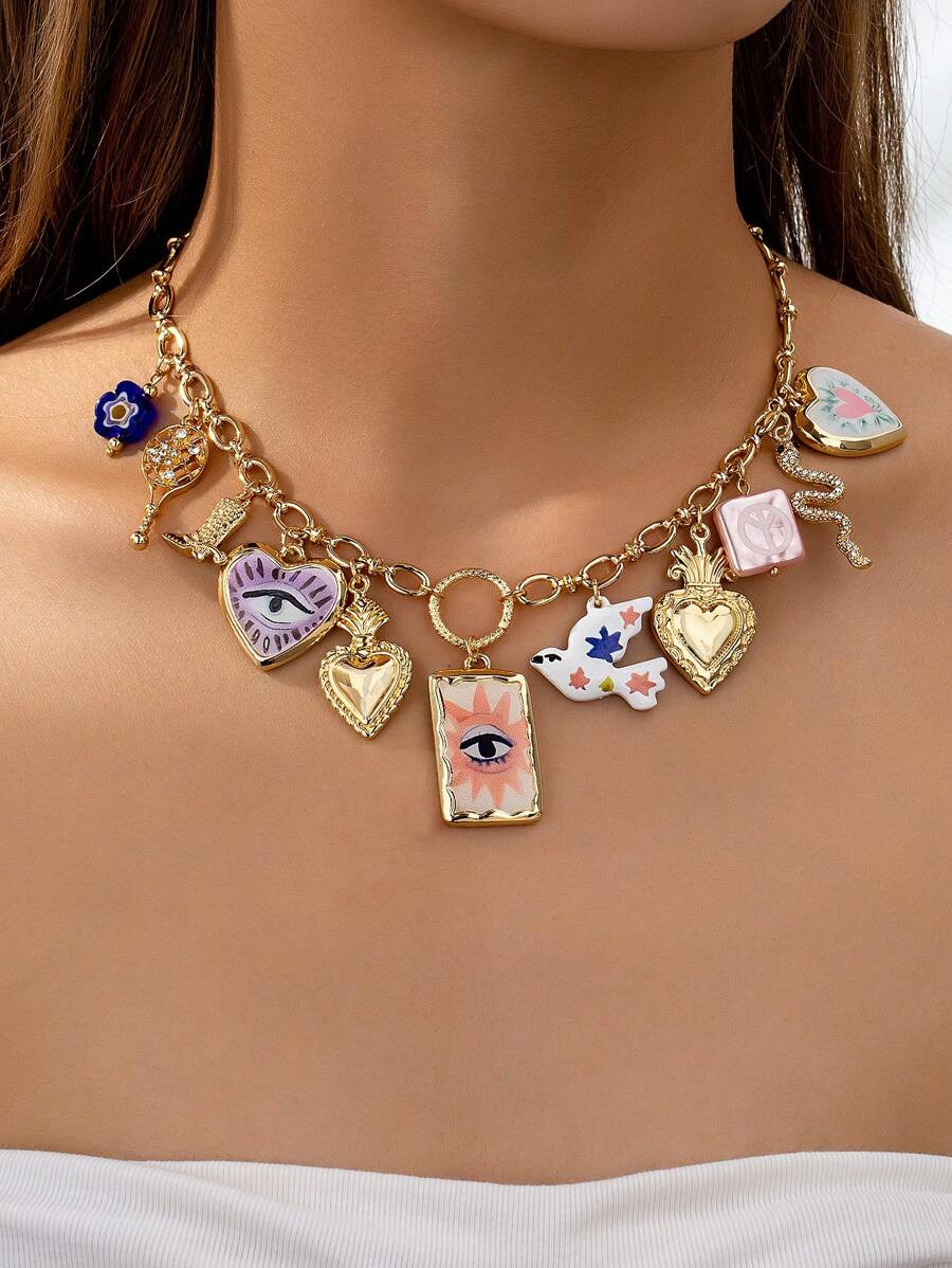 1 Pc Painted Charm Necklace For Women Golden Color Chunky Chain Necklace With Charms Decoration ,... | SHEIN