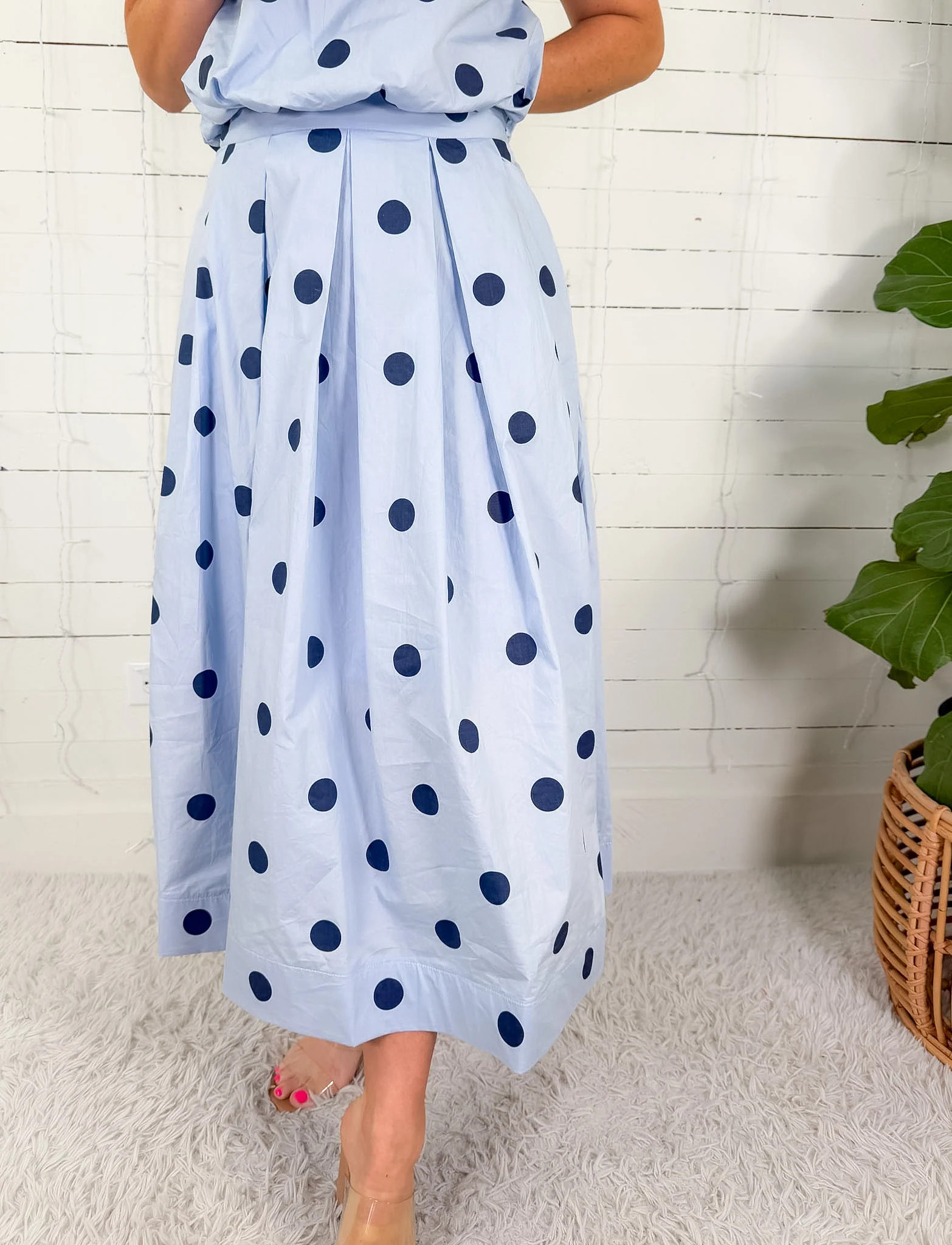 Giselle Blue Pleated Polka Dot Maxi Skirt GLAM | Clover and Bee | Clover + Bee