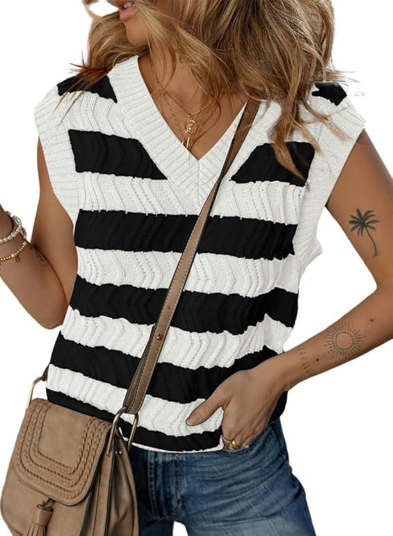 Dokotoo Womens Oversized V Neck 2024 Sleeveless Sweater Vest Stripes Pullover Tunic Tops | Amazon (US)