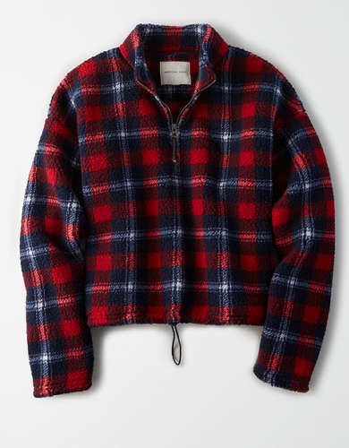 AE Fuzzy Sherpa Plaid Quarter Zip Sweatshirt | American Eagle Outfitters (US & CA)