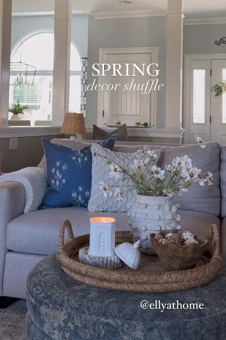 Shuffling some favorite spring decor! Simple spring touches, with best selling minka vase, new peony gazebo candle, and scallop wood bowl. Spring favorite blue throw pillows, best selling $15 crochet pillow, throw blanket, sofa, tray. Amazon home, Target, Anthropologie, Pottery Barn, Walmart. Free shipping. 

#LTKsalealert #LTKhome #LTKVideo