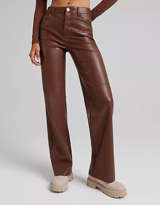 Bershka faux leather straight leg pant in brown | ASOS (Global)