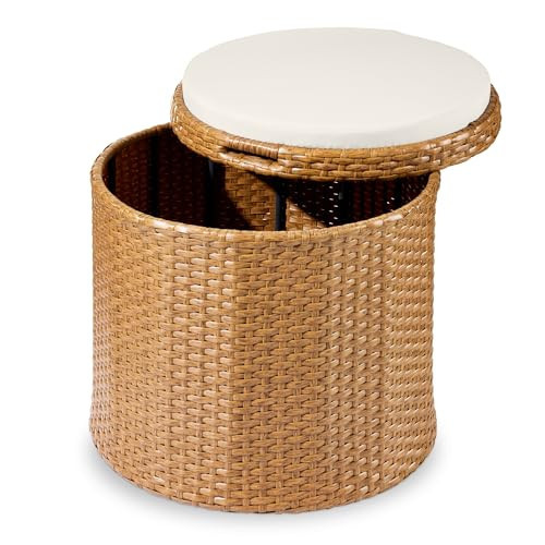 Best Choice Products Round Wicker Ottoman, Multipurpose Outdoor Furniture for Patio, Backyard, Additional Seating, Footrest, Side Table w/Storage, Removable Cushions – Natural/Ivory | Amazon (US)