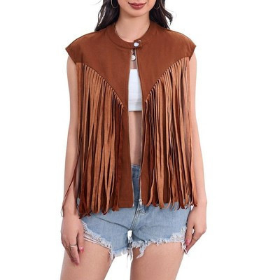 Women's Fringe Vest 70s Denim Zip Up Jacket Hippie Sleeveless Loose Costume | Target