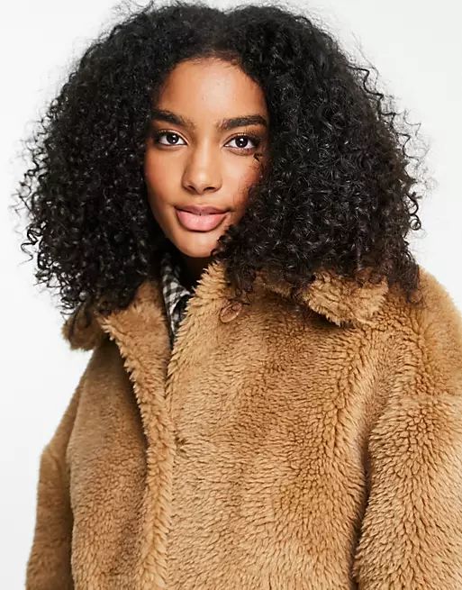 Topshop long teddy coat in brown | ASOS (Global)