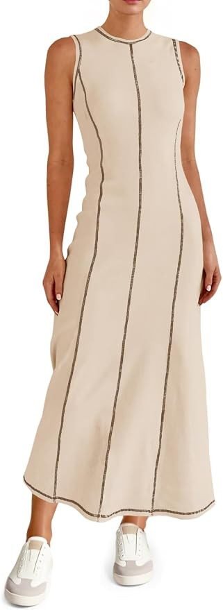Wenrine Womens Sleeveless Maxi Dress Knit Ribbed Stitch Tank Dresses | Amazon (US)