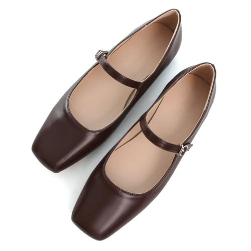 TN TANGNEST Leather Flats for Women Comfortable Square Toe Slip On Flats Soft Work Flats Retro Mary Jane Flats Brown 43(10) | Amazon (US)