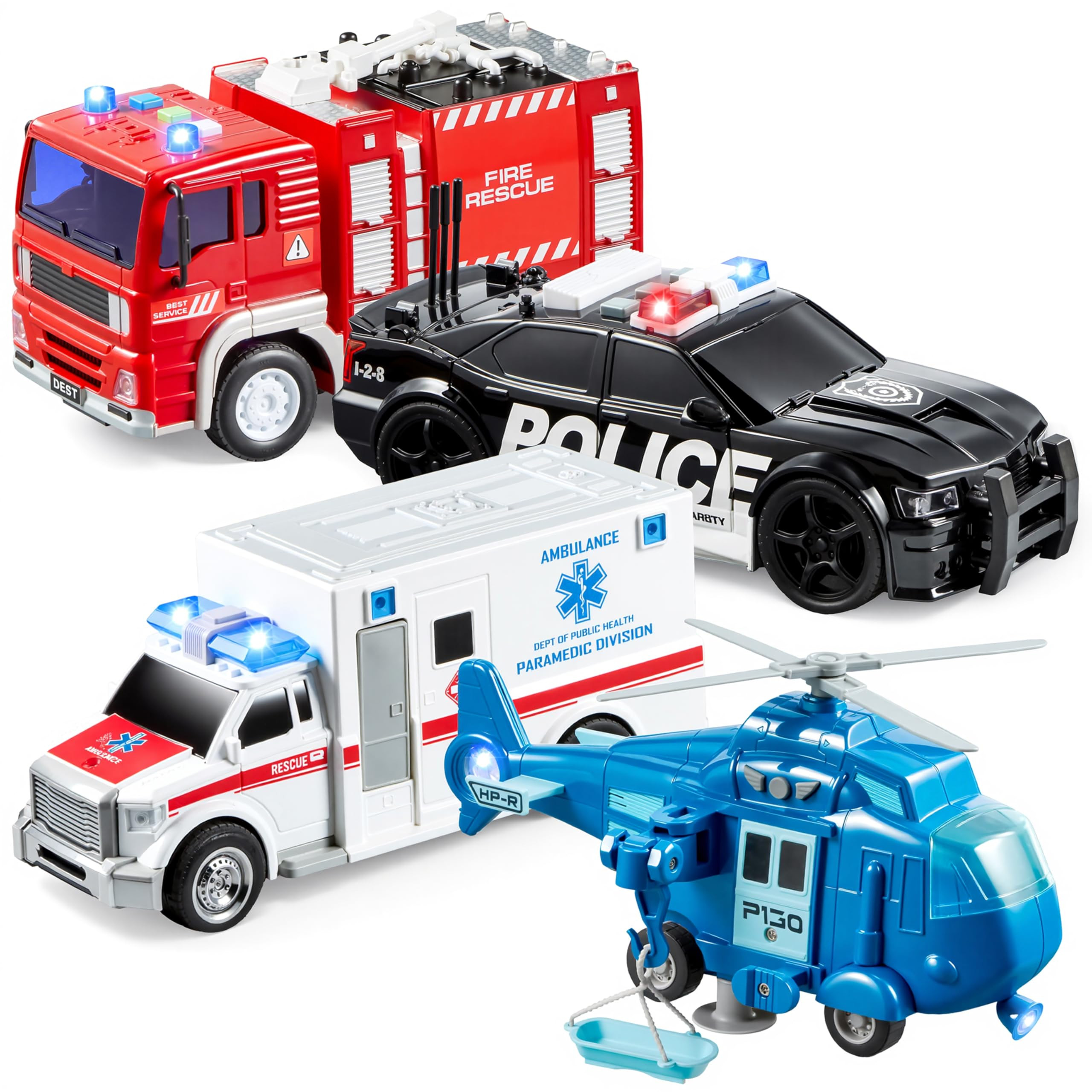 JOYIN 4 Packs Emergency Vehicle Toy Playsets, Friction Powered Vehicles with Light and Sound, Inc... | Amazon (US)