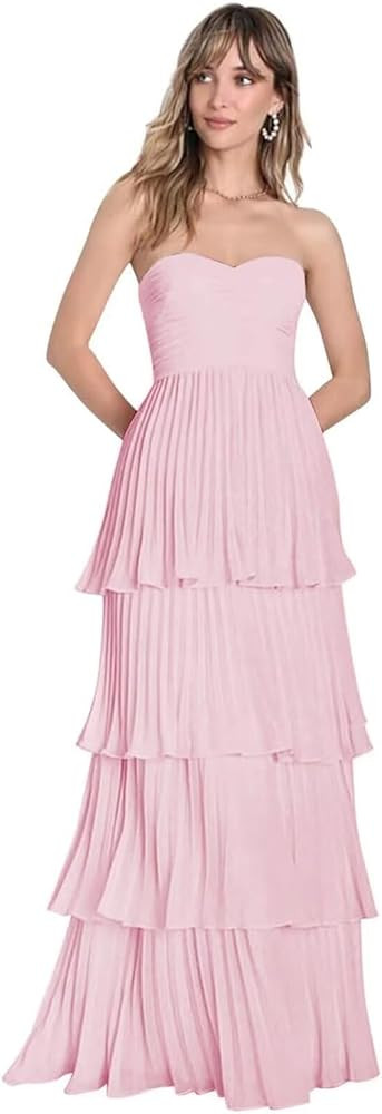 Long Strapless Tiered Chiffon Bridesmaid Dresses 2024 Lace Up Formal Evening Dresses | Amazon (US)