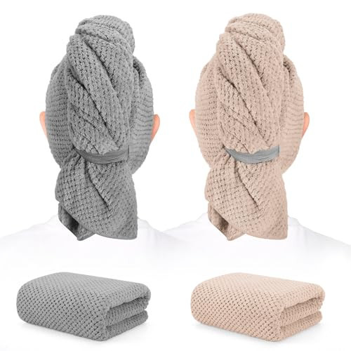 BEoffer 2 Pack Microfiber Hair Towel - 41 x 24 inches Super Soft, Absorbent, Fast Drying Without Frizz Hair Towel Wrap for Women Long, Thick, Curly Hair - Hair Turbans with Elastic Strap | Amazon (US)