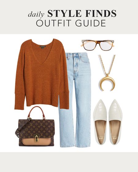 Rust V-neck Sweater Styled with light wash 90s baggy jeans and white loafers - Louis Vuitton Satchel Bag - Reading Glasses - Back to School - Casual Fall outfit - Teacher Outfit - Work Outfit - Over 40 Style #BacktoSchool #FallSweaters #90sJeans 

#LTKstyletip #LTKBacktoSchool #LTKFind