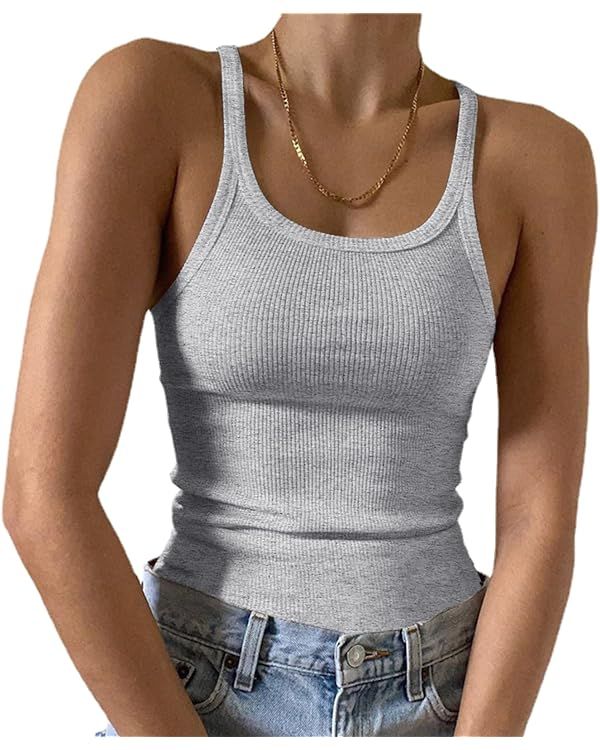 Artfish Women's Sleeveless Tank Top Form Fitting Scoop Neck Ribbed Knit Basic Cami Shirts | Amazon (US)