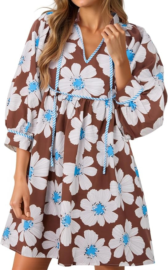 Cicy Bell Womens Floral Mini Dresses 3/4 Sleeve V Neck Flowy Babydoll Dress Summer Beach Vacation... | Amazon (US)