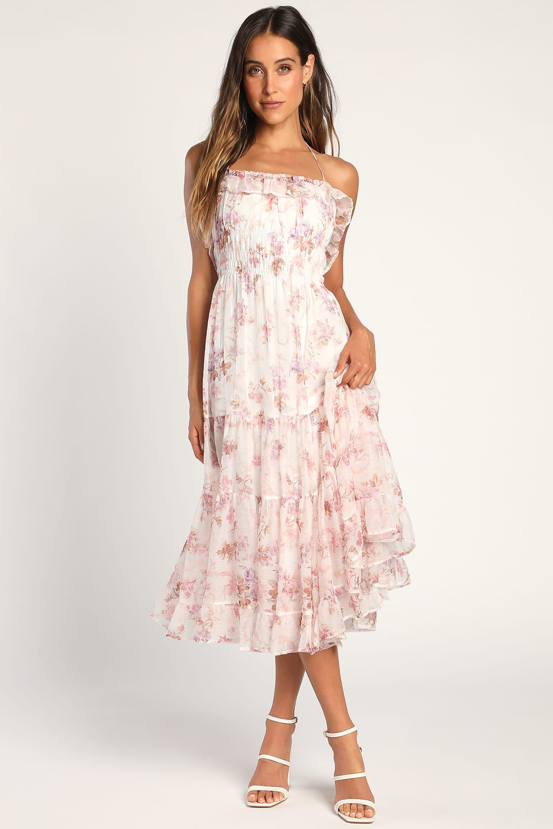 Tender Tales Ivory Floral Ruffled Tiered Backless Midi Dress | Lulus (US)