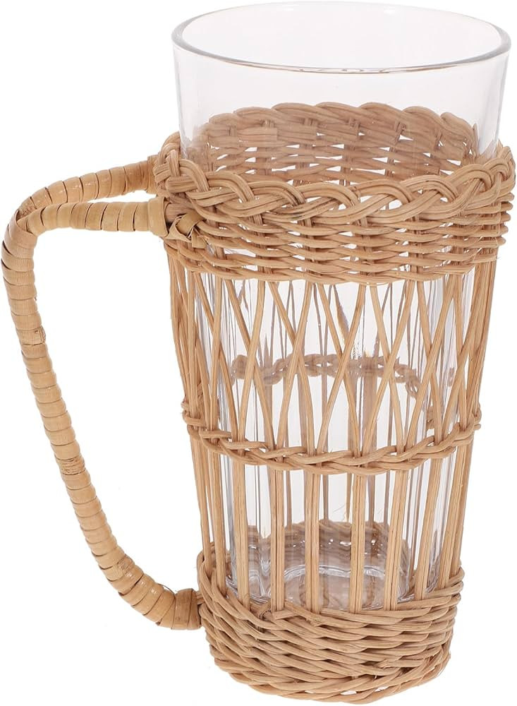 VICASKY Rattan Woven Handle Glass Cup 470ml Drinking Glasses Juice Glass Rustic Style Suitable fo... | Amazon (US)