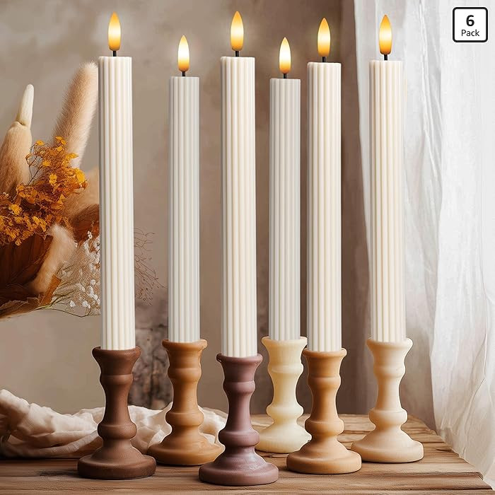 6 Pack, 10" LED Flameless Cream Beige Fluted Ribbed Grooved Taper Candles, Remote & 24h Timer Mem... | Amazon (US)