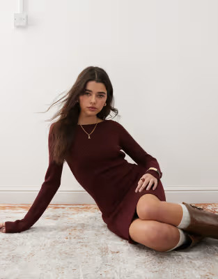 Miss Selfridge knitted flippy dress in burgundy | ASOS (Global)