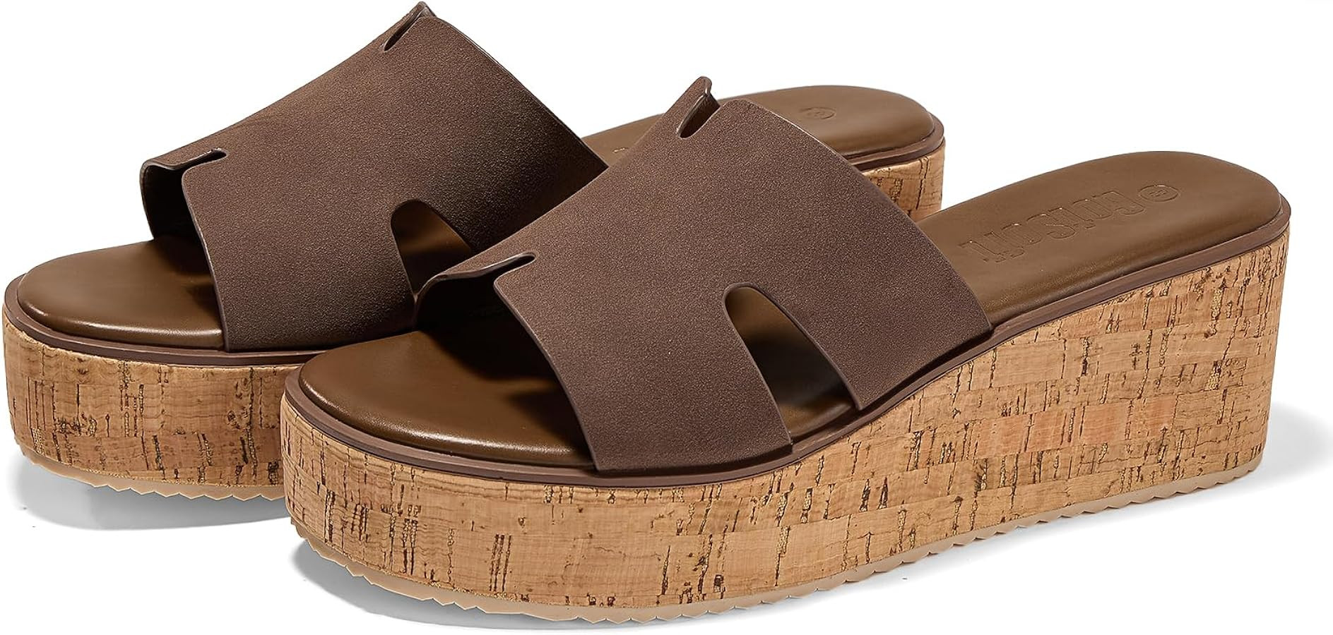 Women's Open Toe Wedge Sandals Slip On Slides Cork Platform Sandal Comfortable Summer Shoes | Amazon (US)