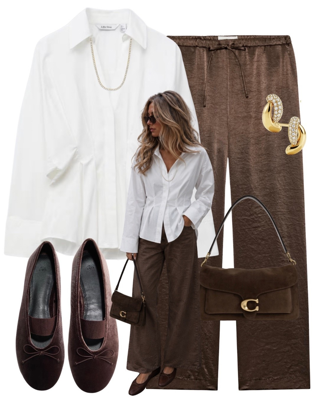 Cinched waist white shirt, brown satin trousers, ballet goats and suede coach bag.
Autumn, workwear, smart casual, peplum shirt.

#LTKuk #LTKautumn #LTKeurope