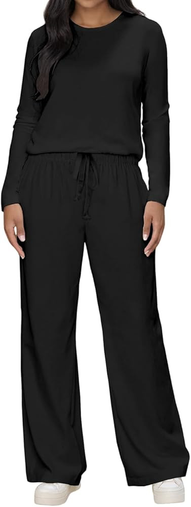 HBQ Women's 2 Piece Matching Sets Long Sleeve Top Wide Leg Pants Lounge Outfits Sweatsuits With P... | Amazon (US)