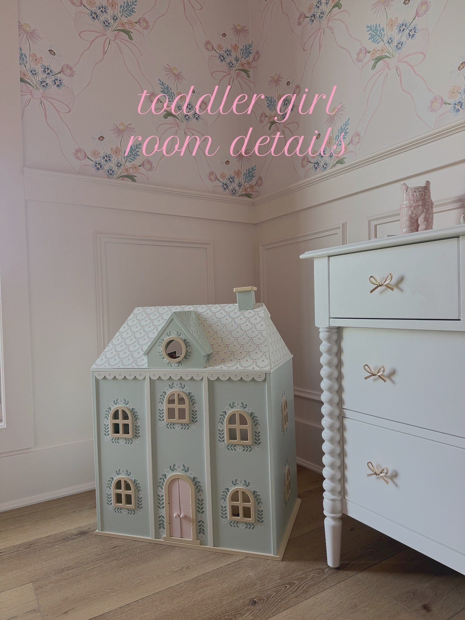 Little girl room inspo! Dollhouse from @Pottery Barn Kids & dresser & bow handles from @Crate & Barrel & bow chandelier is @LoveShackFancy from @potterybarnkids 

Girls room | dollhouse | wooden dollhouse | pottery barn | love shack fancy | bows | bow decor | Jenny lind dresser | bow wallpaper | floral wallpaper | sage green | mud pie kids | home decor | kids bedroom | big girls room | bow chandelier | wainscoting | intimate white Sherwin Williams | baby shower gift | birthday gifts for toddler | green row | swan lamp | nursery | baby | kids | home

#LTKHome #LTKKids #LTKBaby