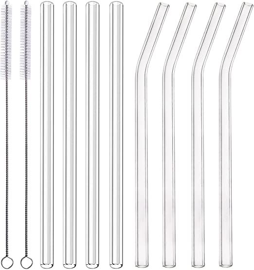 ALINK Glass Smoothie Straws, 10" x 10 mm Long Reusable Clear Drinking Straws, Pack of 8 with 2 Cl... | Amazon (US)