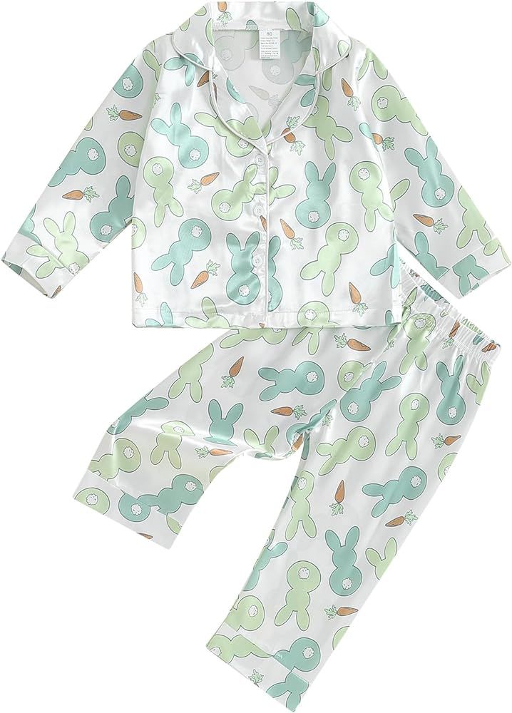 Baby Pajamas Bunny/Heart Print Lapel Button Tops and Elastic Waist Long Pants Toddler Pajamas Gir... | Amazon (US)