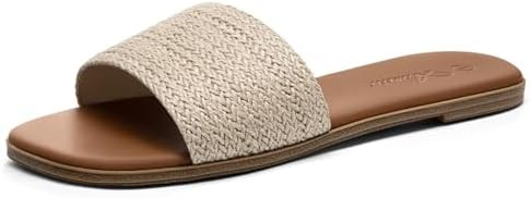 Athlefit Flat Sandals for Women Summer Raffia Square Toe Comfortable Slip On Dressy Casual Slide ... | Amazon (US)
