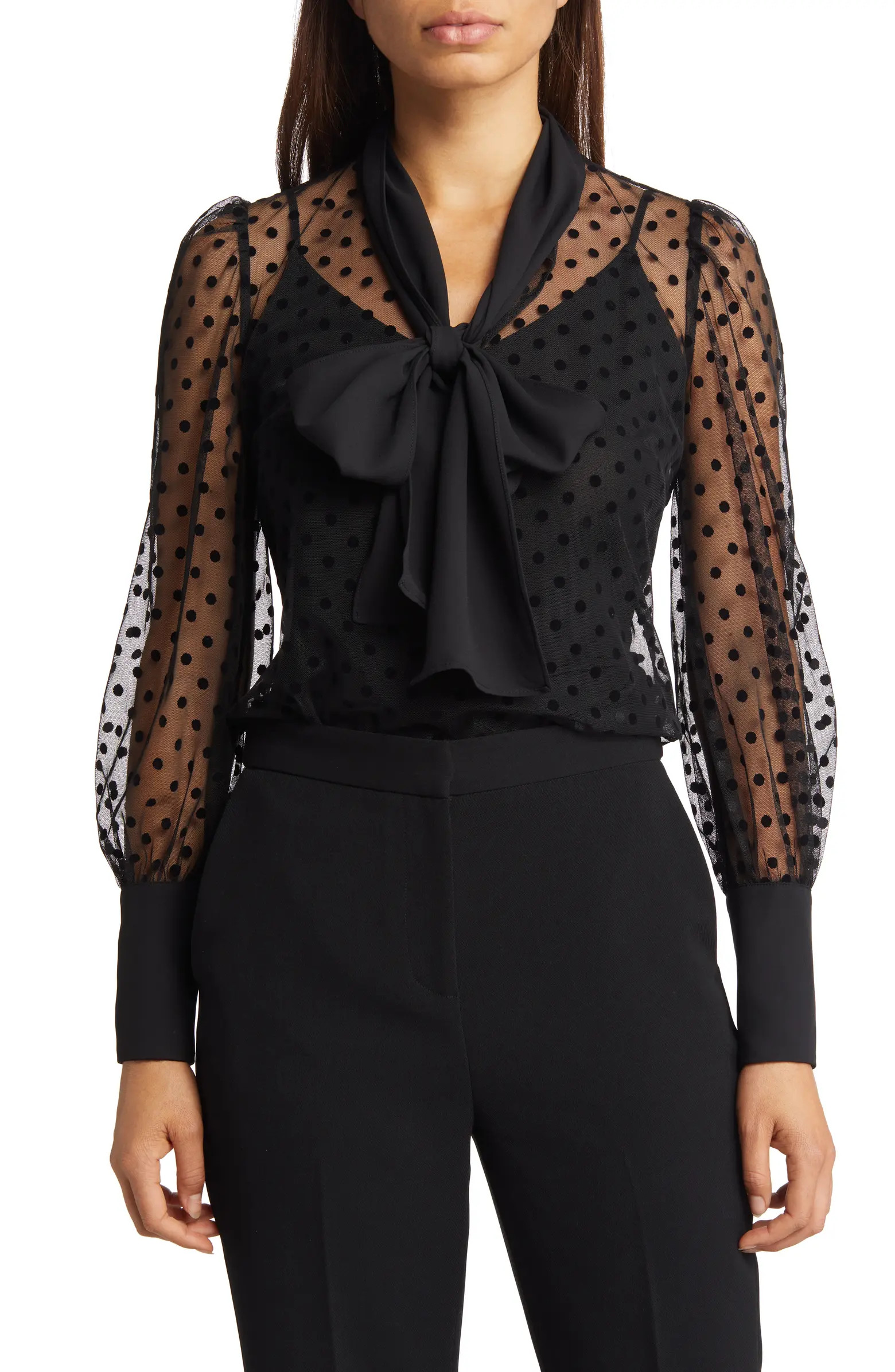 Anne Klein Flocked Dot Tie Front Blouse | Nordstrom | Nordstrom