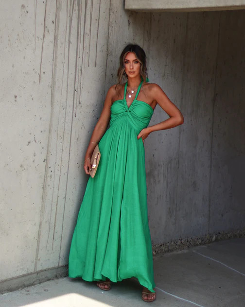 Elmhurst Ruched Halter Maxi Dress - Green | VICI