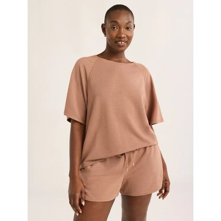 Joyspun Women's French Terry Short Sleeve Top and Shorts Set, 2-Piece, Sizes XS-3X | Walmart (US)