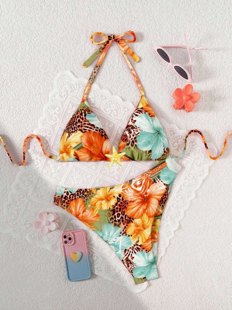Swim Vcay Plus Size Women 2 Pieces Digital Print Tie Front Bikini Swimsuit, Vacation Casual Beach... | SHEIN