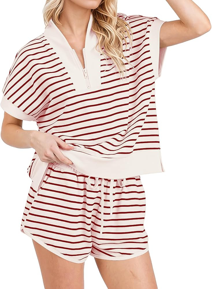 Women Two Piece Outfits Half Zip Striped Sweatshirt Shorts Set Short Sleeve Sweatshirt High Waist... | Amazon (US)
