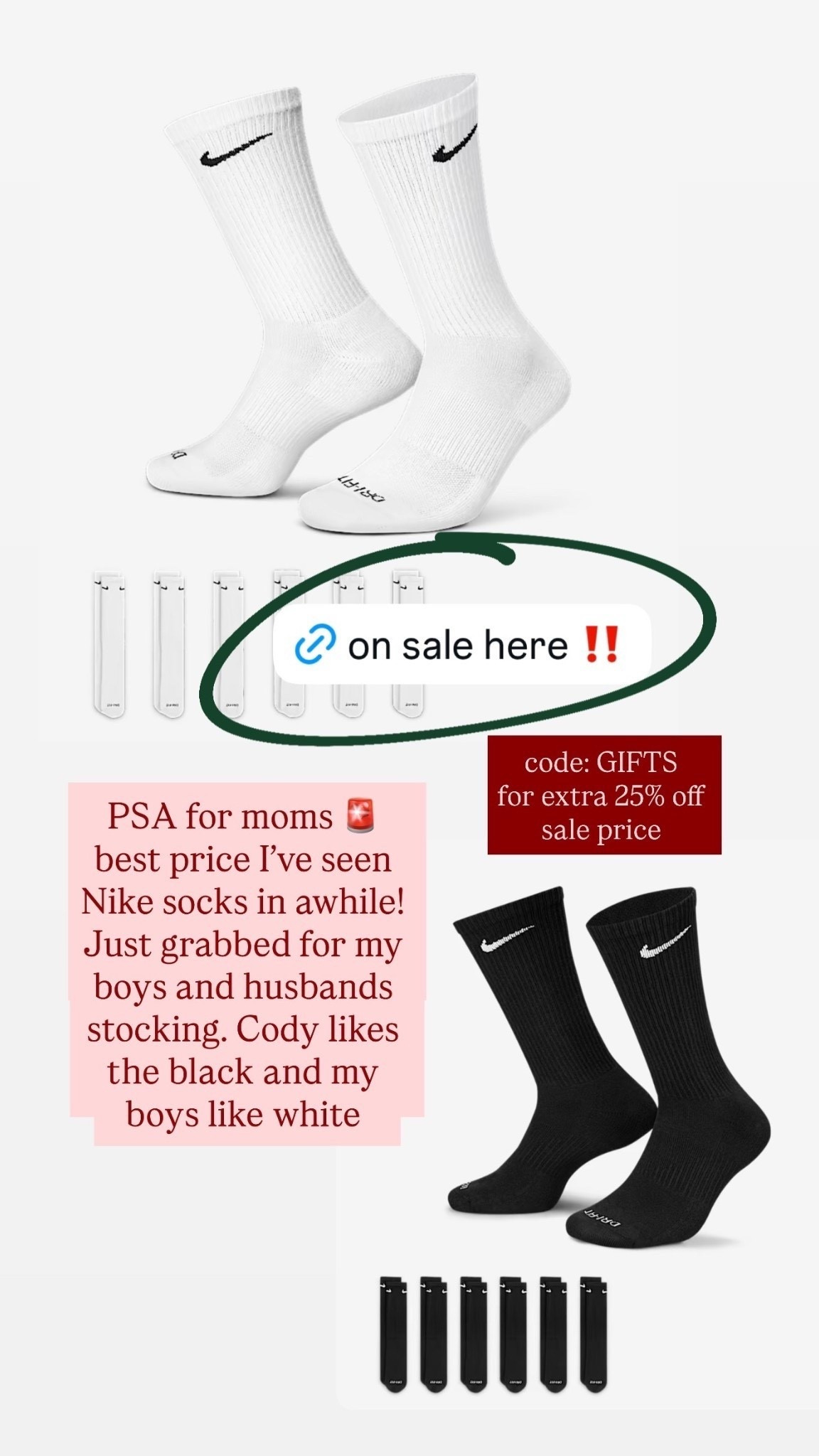 PSA for moms 🚨
best price I’ve seen Nike socks in awhile! Just grabbed for my boys and husbands stocking. Cody likes the black and my boys like white code: GIFTS 
for extra 25% off sale price

#LTKMens #LTKKids #LTKGiftGuide