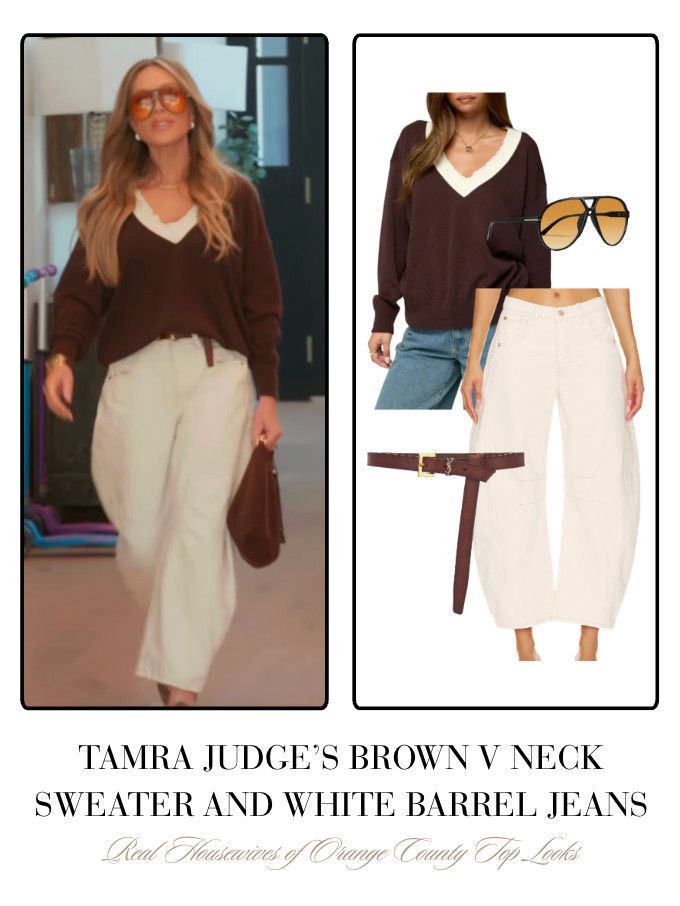 Tamra Judge's Brown V Neck Sweater and White Barrel Jeans 

 