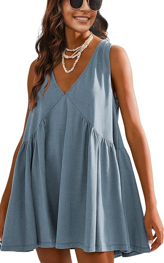 Athlisan Womens Summer Sleeveless Mini Dress Casual Loose V Neck Sundress with Pockets | Amazon (US)