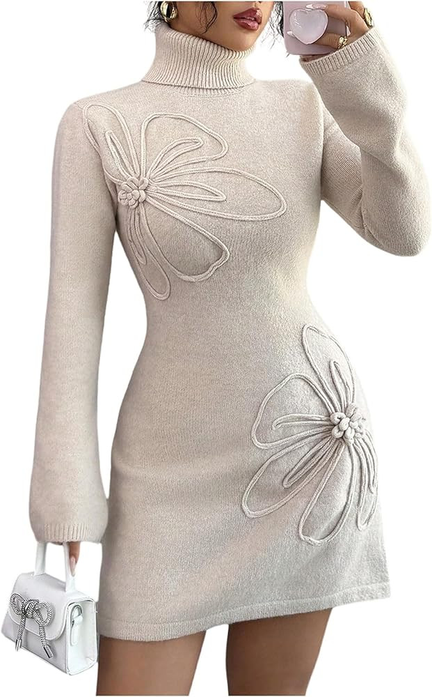 OYOANGLE Women's 3D Floral Bell Long Sleeve Sweater High Neck Mini Dresses | Amazon (US)