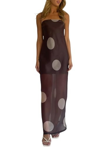 NUFIWI Women Polka Dot Maxi Dress Spaghetti Strap Sheer Mesh Long Dress Sexy Sleeveless Backless Elegant Summer Dresses(Cami Brown,S) | Amazon (US)