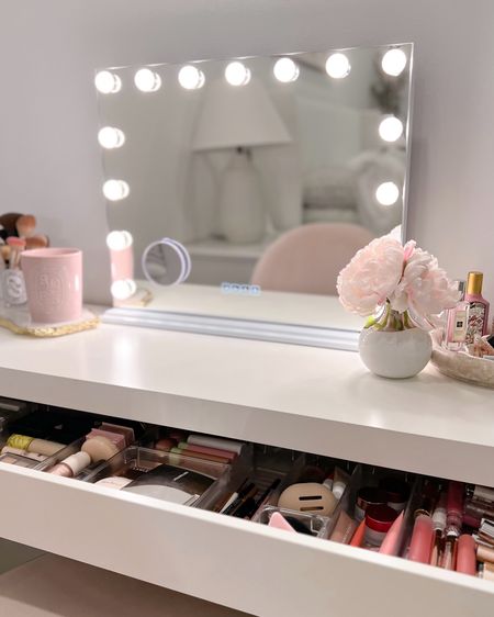 Makeup vanity details 🤍 just got this LED Bluetooth mirror and I absolutely love it! 

Amazon, home finds, bedroom vanity, makeup organization, diptyque candle, agate tray, white console, ikea vanity, fancythingsblog 

#LTKhome #LTKstyletip #LTKbeauty