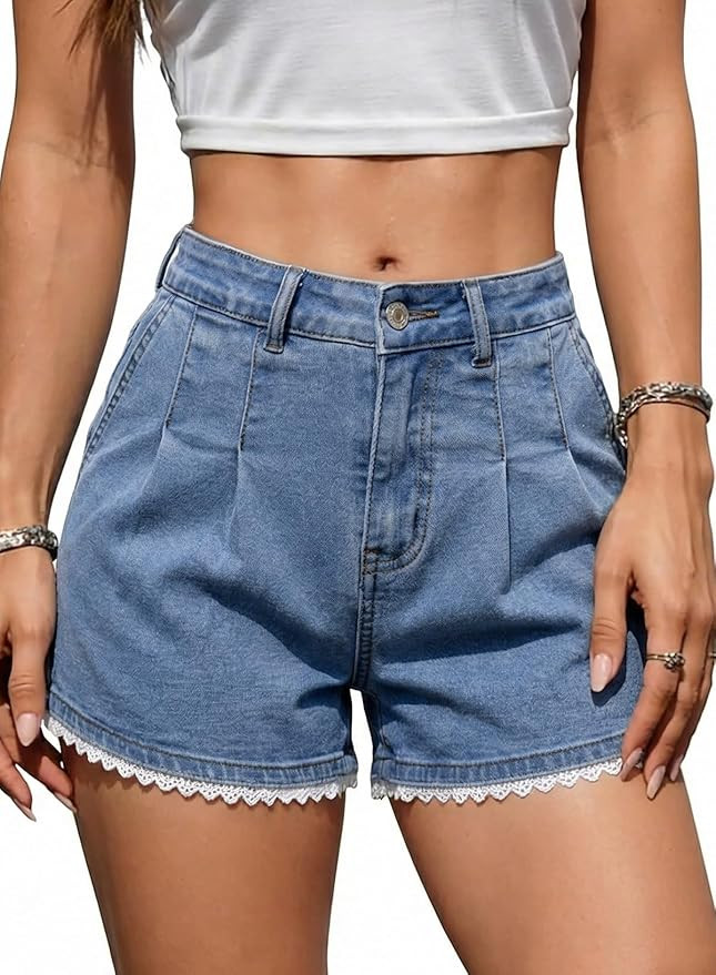 Dokotoo Denim Shorts for Women Scalloped Lace Trim Mid Rise Jean Shorts Pleated Wide Leg Stretchy... | Amazon (US)