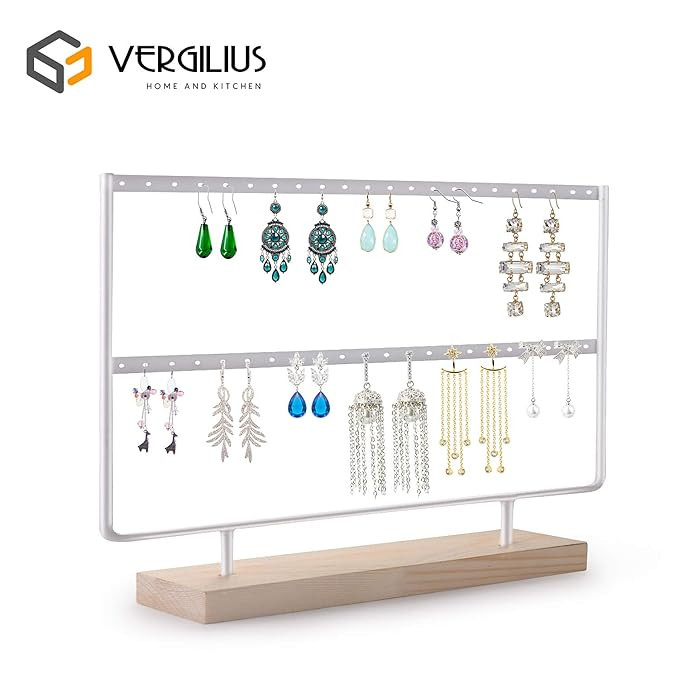 VERGILIUS Earrings Organizer Jewelry Display Wood Stand (44 Holes 2 Layers) (White) | Amazon (US)