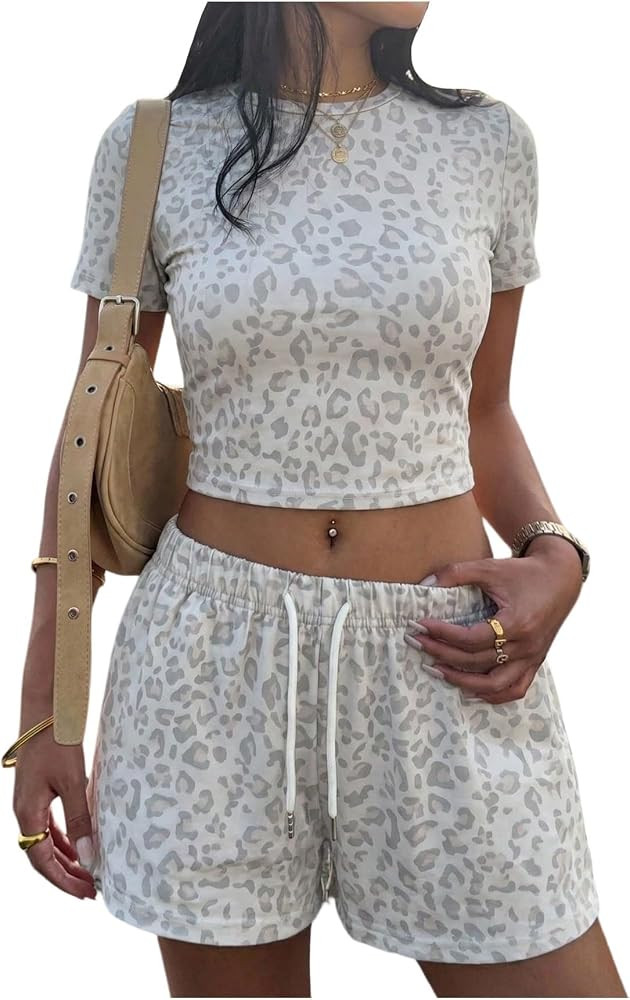 RoseSeek Women's 2 Piece Outfits Cheetah Fitted Crop Top and Short Set | Amazon (US)