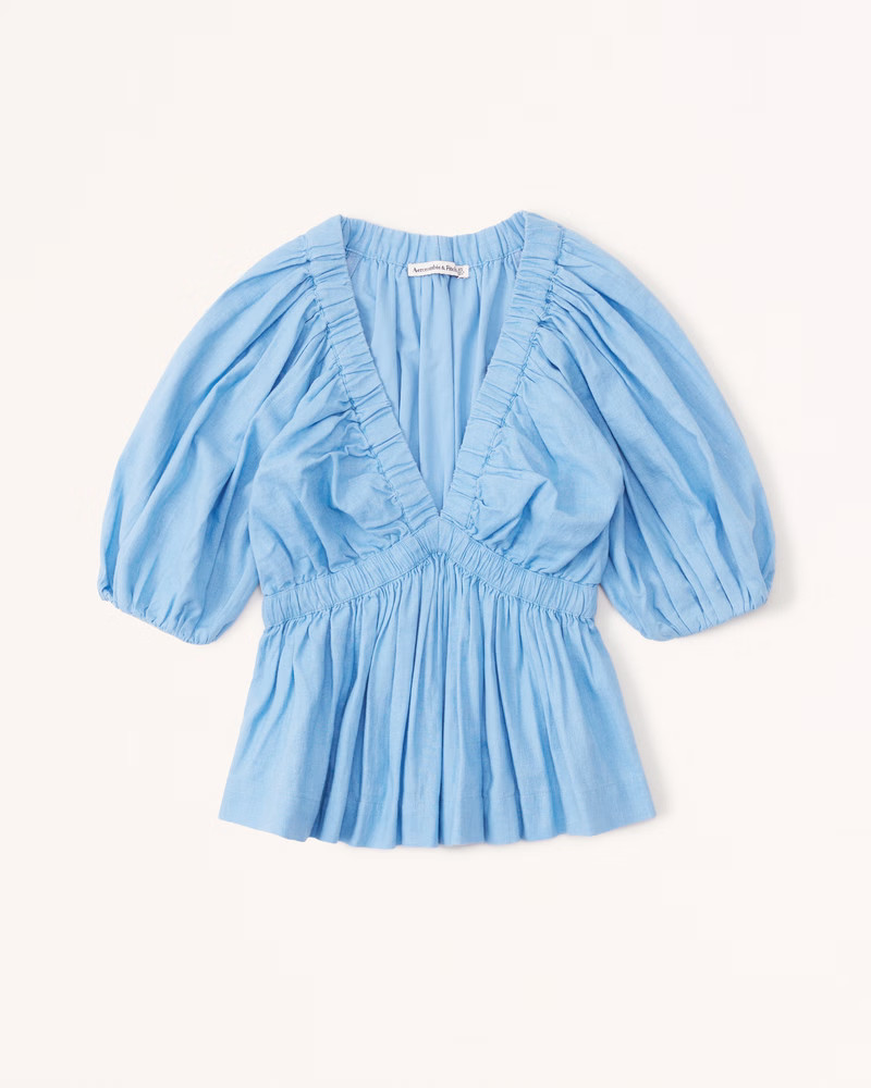 Short-Sleeve Linen-Blend Plunge Top | Abercrombie & Fitch (US)