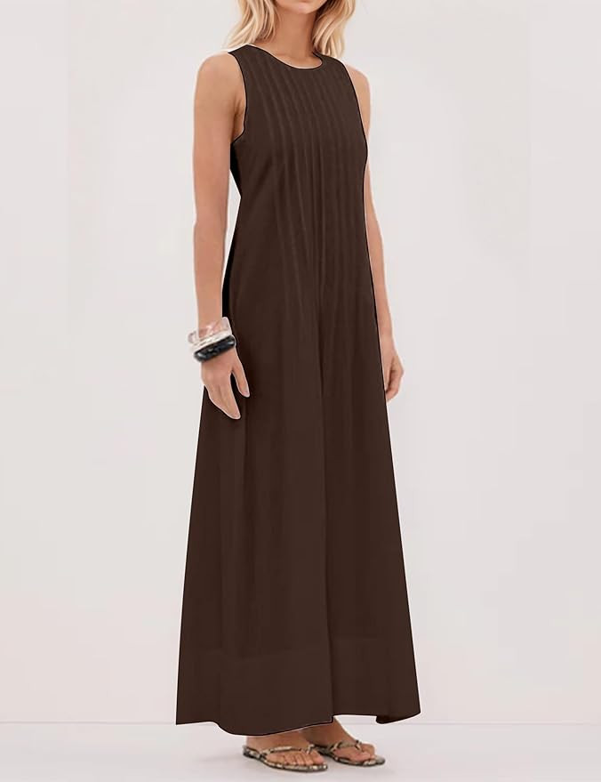 MISSACTIVER Women's Sleeveless Flowy Maxi Dress Crew Neck Pleated A-line Long Dress Summer Loose ... | Amazon (US)