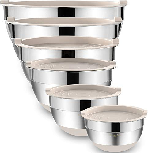 Umite Chef Mixing Bowls with Airtight Lids, 6 piece Stainless Steel Metal Nesting Storage Bowls, Non-Slip Bottoms Size 7, 3.5, 2.5, 2.0,1.5, 1QT, Great for Mixing & Serving (Khaki) | Amazon (US)