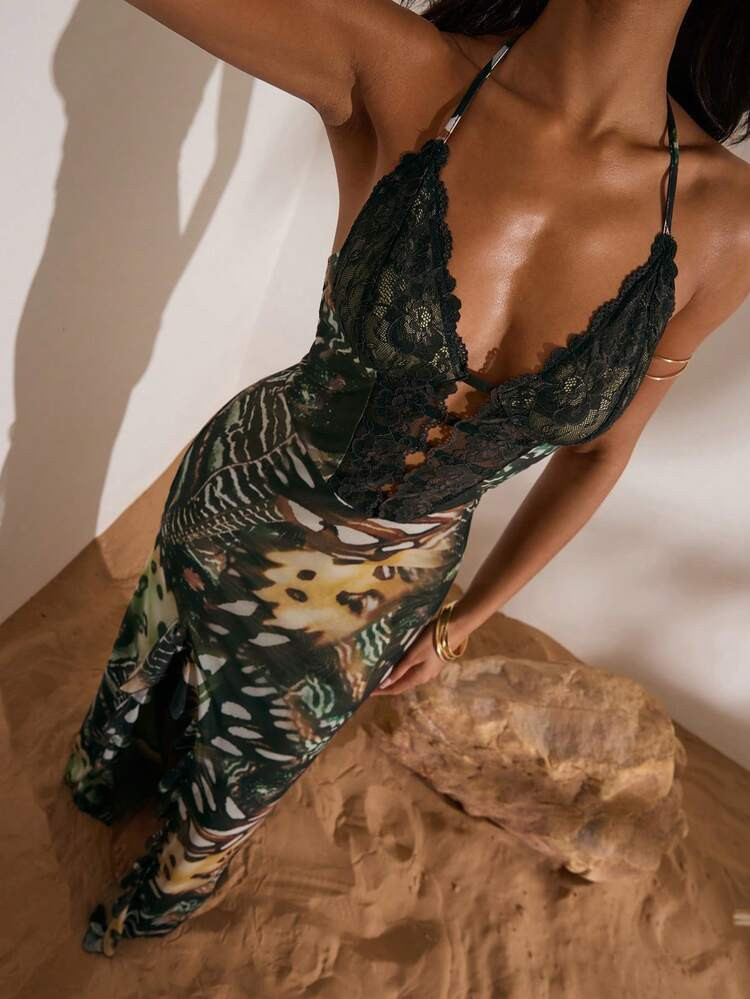 Opulessa Spring/Summer Valentine's Day Beach Vacation Knit Mesh Print Halter Backless Ruffle Slit Fitted Dress For Women Summer Sexy Dress Halter Neck Dress Lace Detail Dress Deep V Dress, Spring To Summecarnival Costume, Elegant Dresses For Party, Beach Outfit, Wedding Guest Dresses, Summer Vacation Outfits, Casual Dress | SHEIN