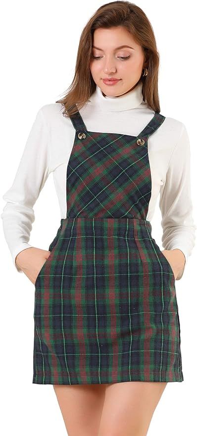 Allegra K Women's Overall Dress Plaid Adjustable Strap Pinafore Mini Suspender Skirt | Amazon (US)
