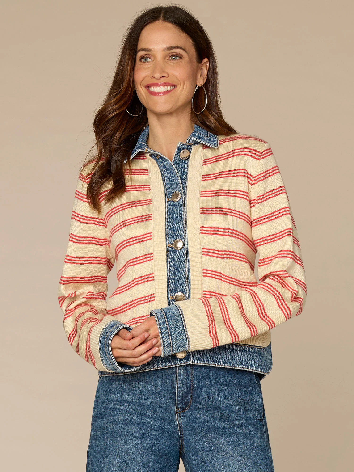 Long Sleeve Button Down Curved Hem Striped Mixed Media Jacket | Democracy Clothing