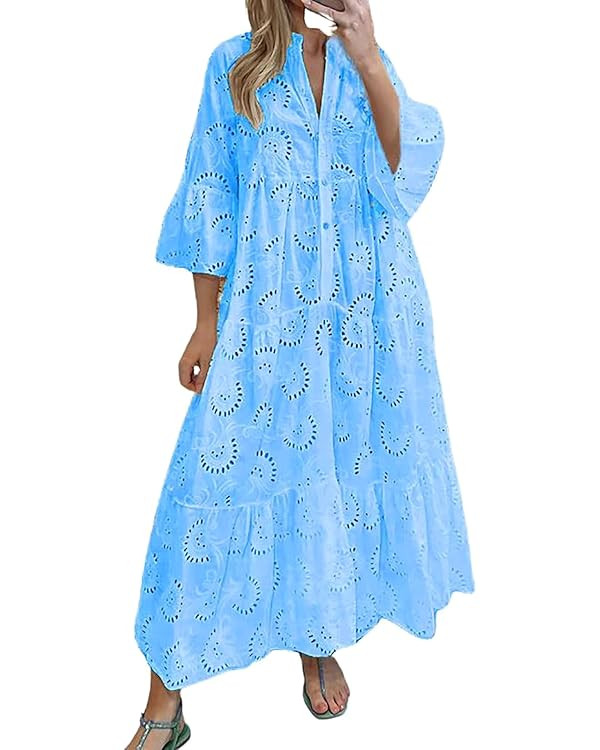 utcoco Womens Lace Embroidered Eyelet Maxi Dresses 3/4 Trumpet Sleeve Button V Neck Flowy Swing H... | Amazon (US)